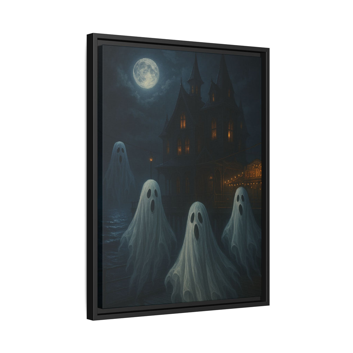 Haunted House Ghost Canvas Wall Art – Spooky Halloween Framed Art, Vintage Horror Decor, Gothic Night Scene Print