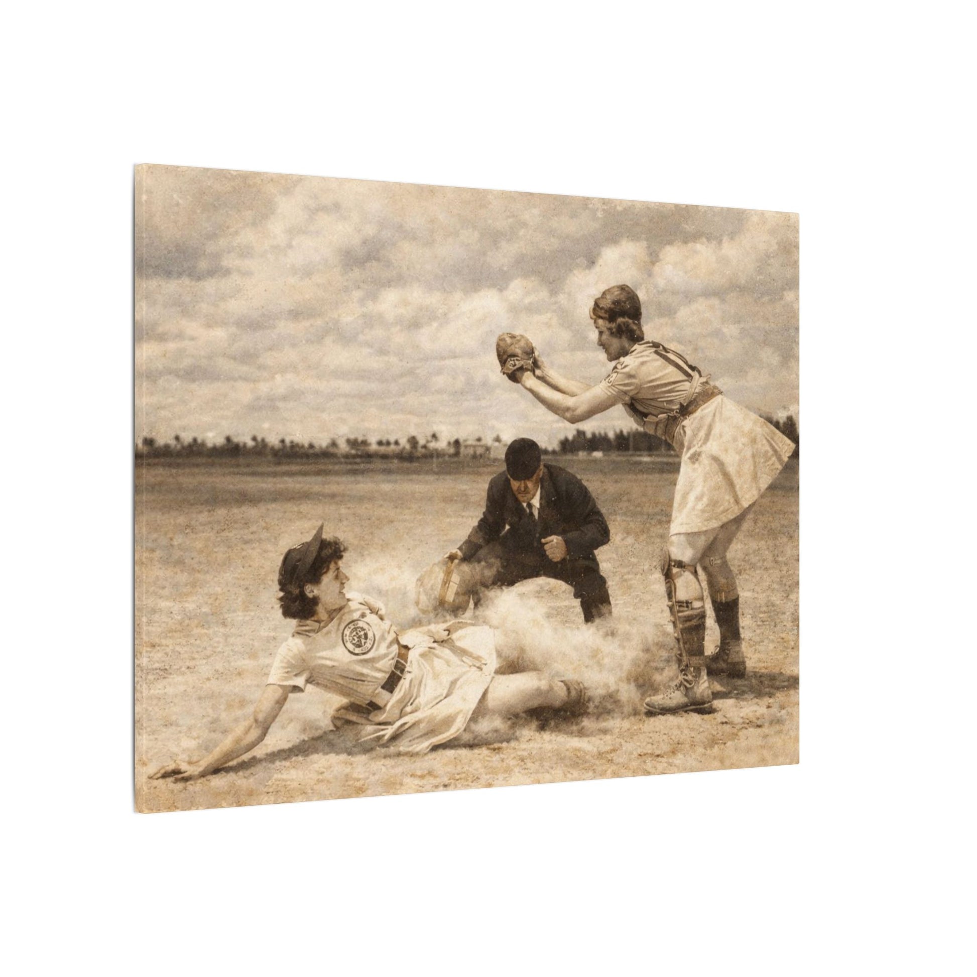 Vintage-style photo of a baseball game with players in action on a field.