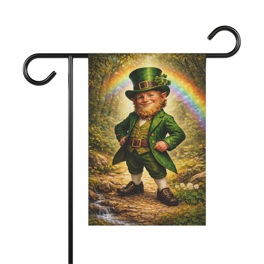 Garden flag with a leprechaun and rainbow design on a white background