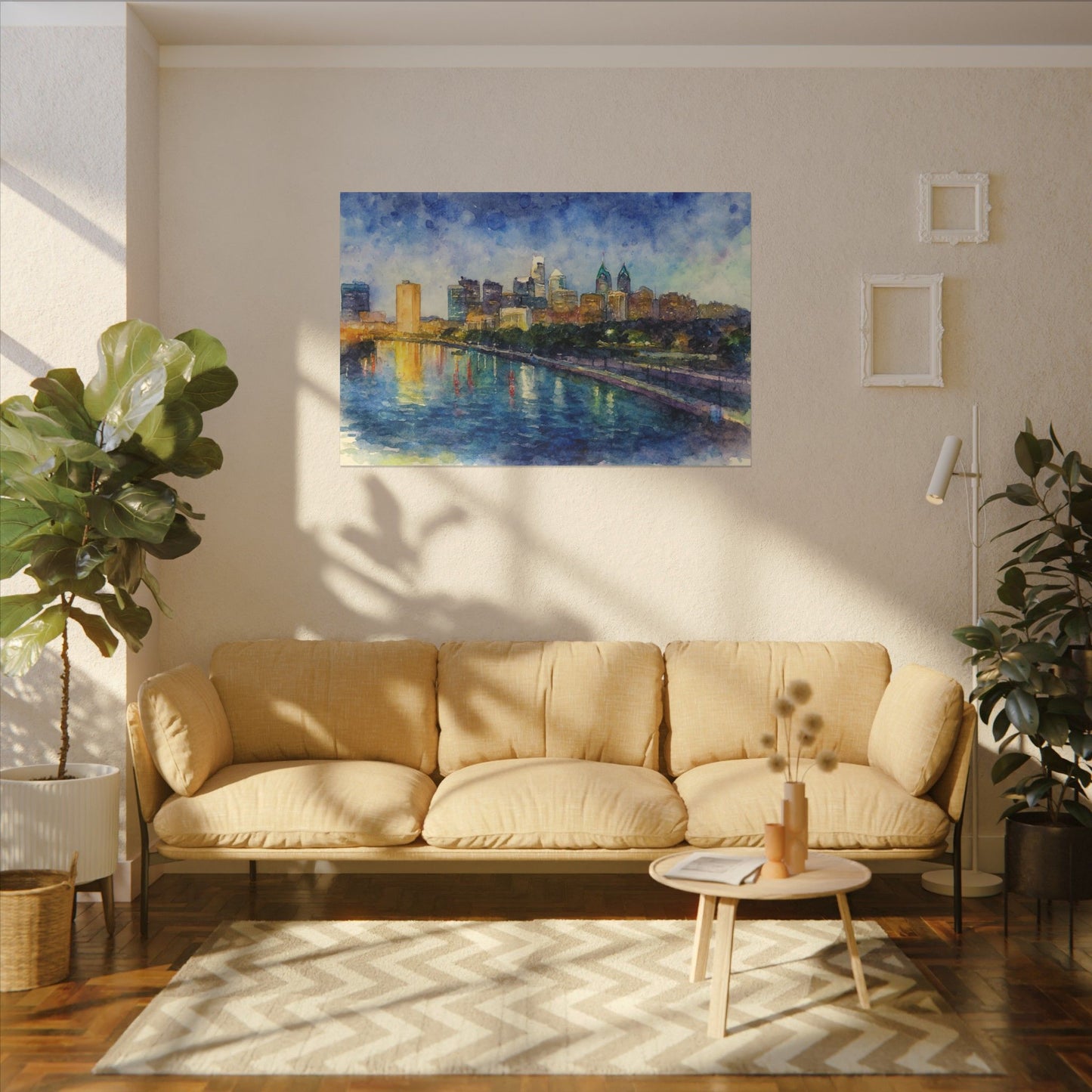 Living room with beige sofa, coffee table, and wall art of a cityscape.