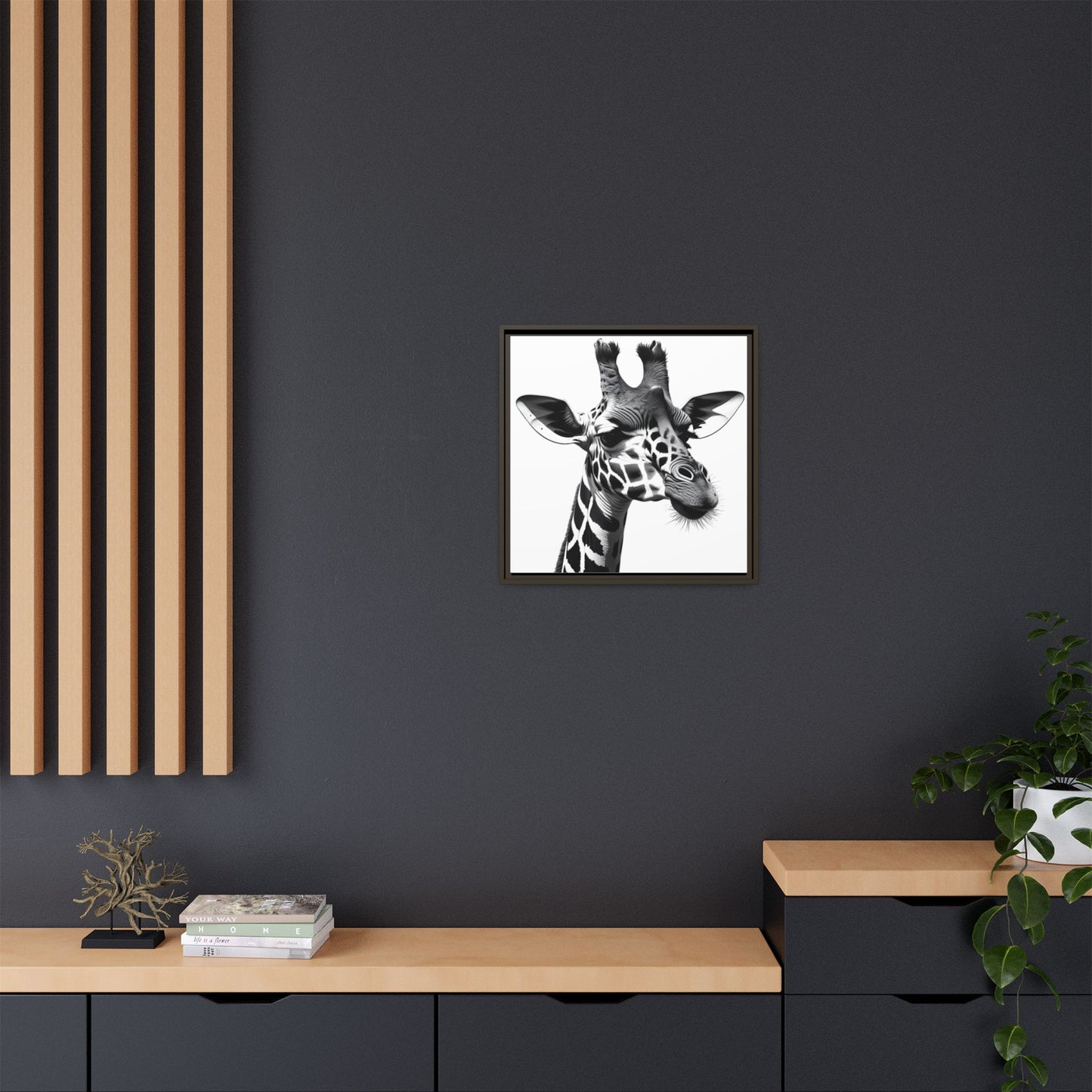 Black and White Giraffe Wall Art – Framed Safari Animal Canvas Print