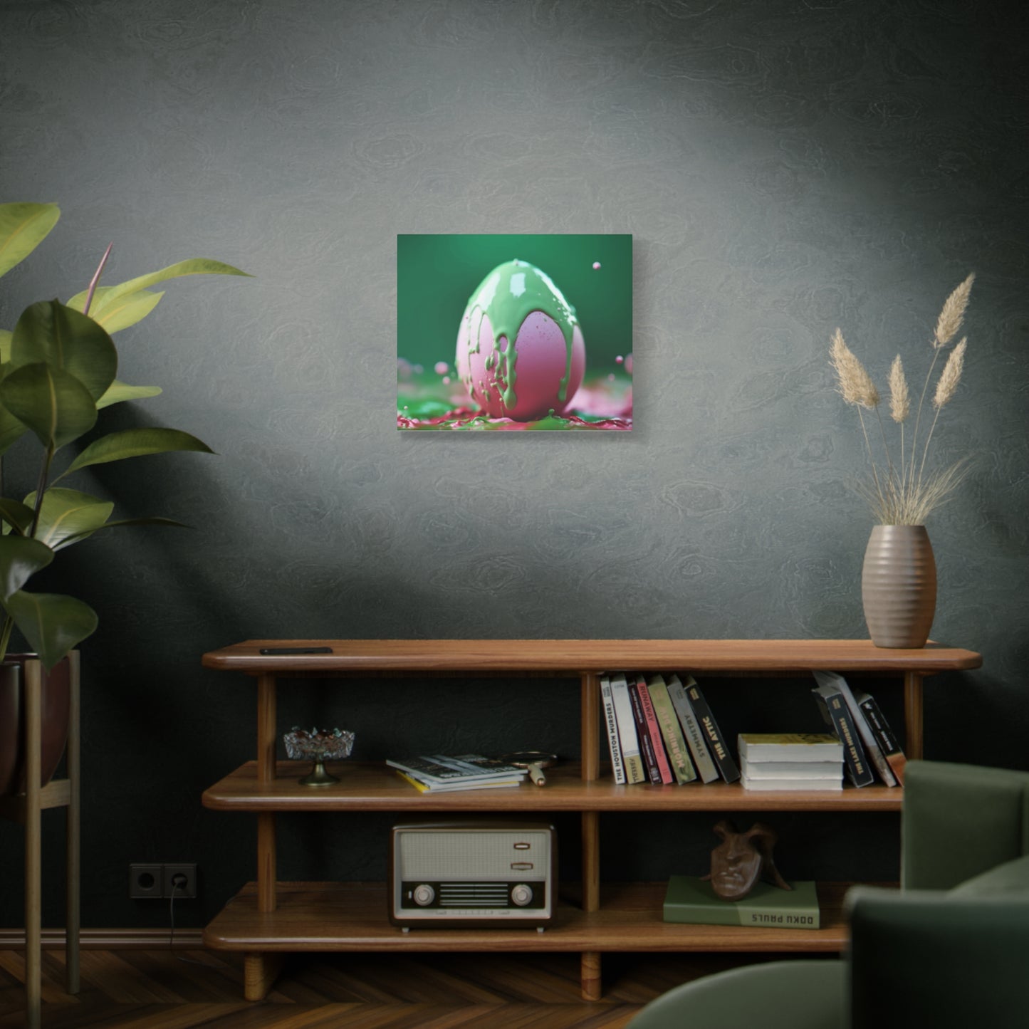 Canvas Wall or Mantle Art Pink Easter Egg with Green Paint Spring Home Decor