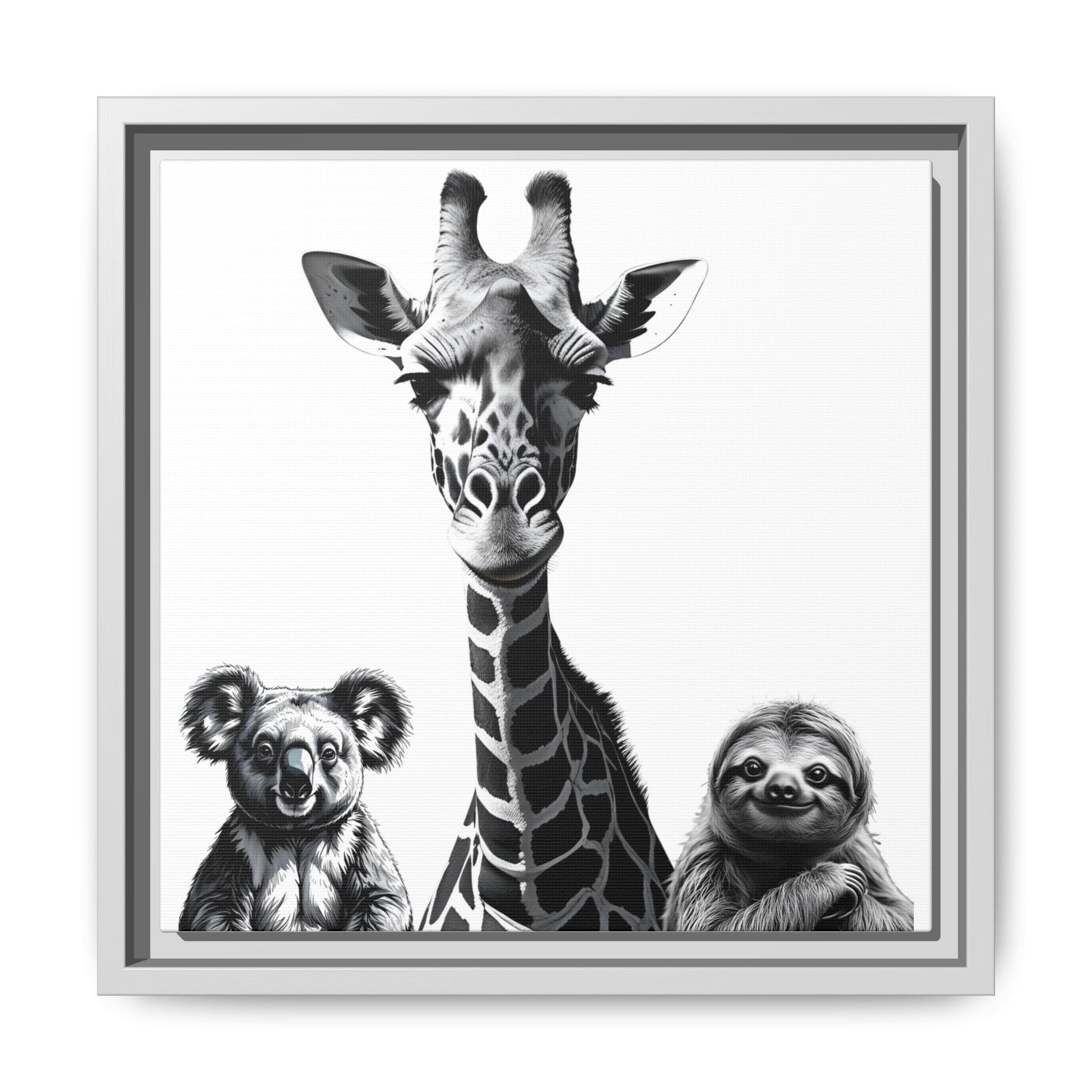 Framed artwork of a giraffe with a koala and a sloth on a white background