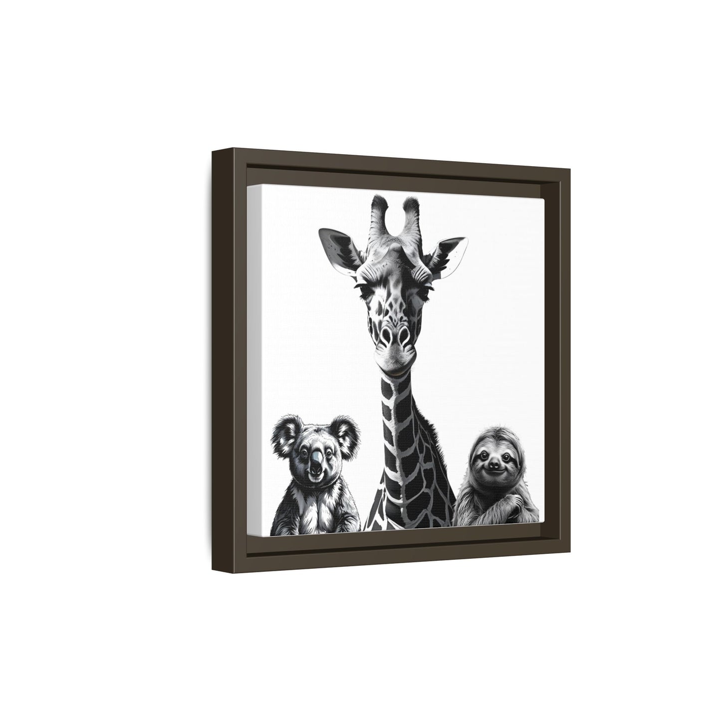 Framed artwork of a giraffe flanked by two koalas on a white background