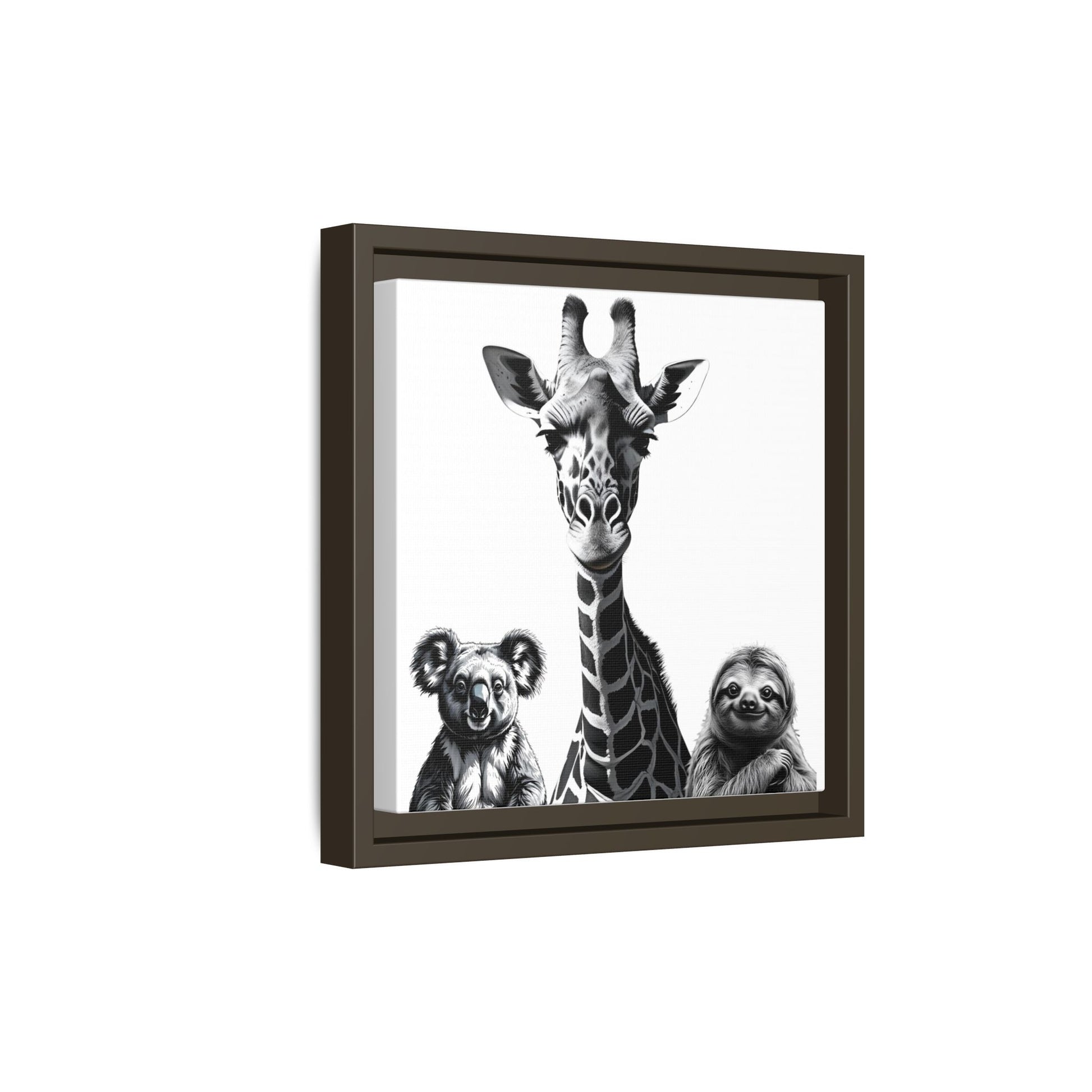 Framed artwork of a giraffe flanked by two koalas on a white background