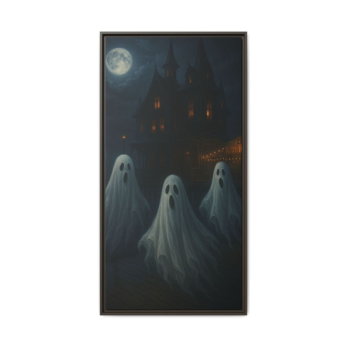 Haunted House Ghost Canvas Wall Art – Spooky Halloween Framed Art, Vintage Horror Decor, Gothic Night Scene Print