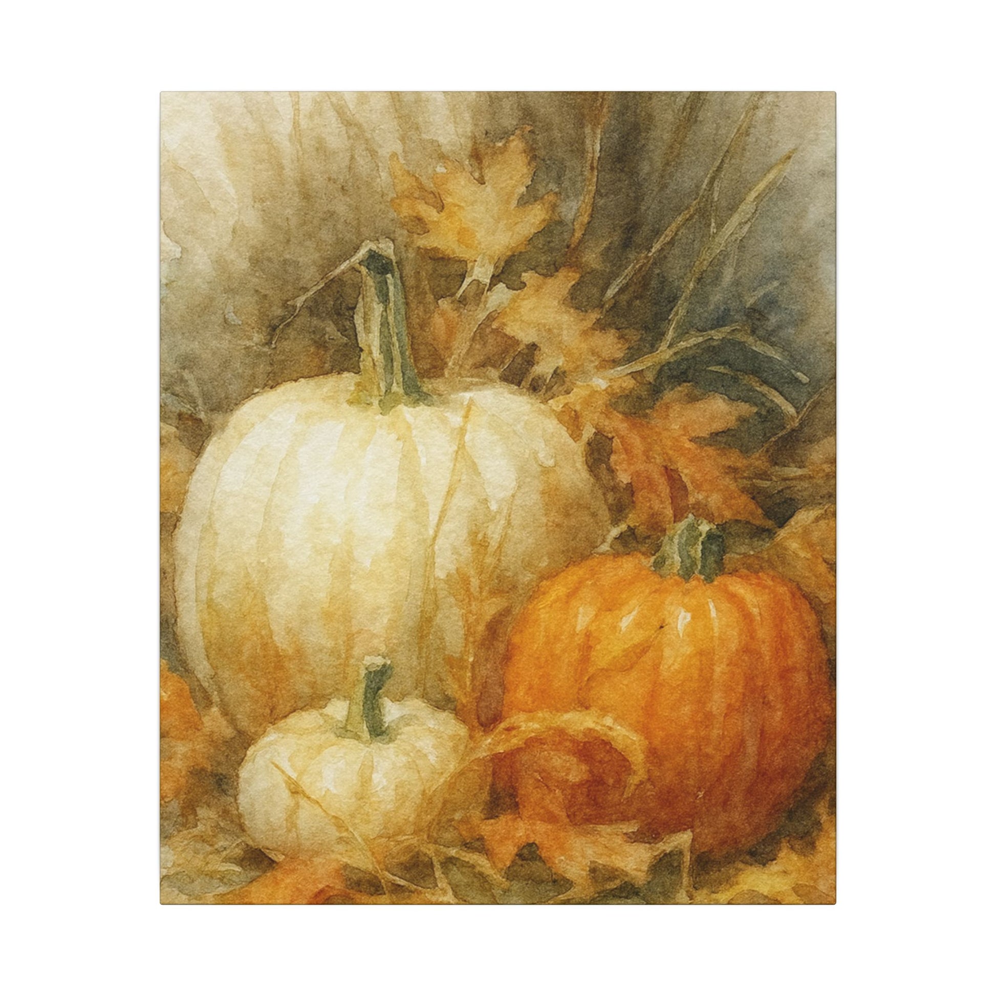 Autumn-themed painting with pumpkins and leaves on a textured background