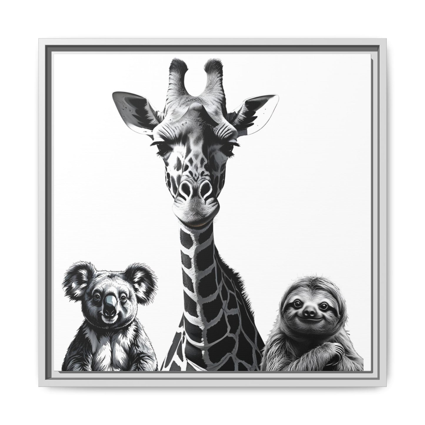 Framed artwork of a giraffe, koala, and sloth together.