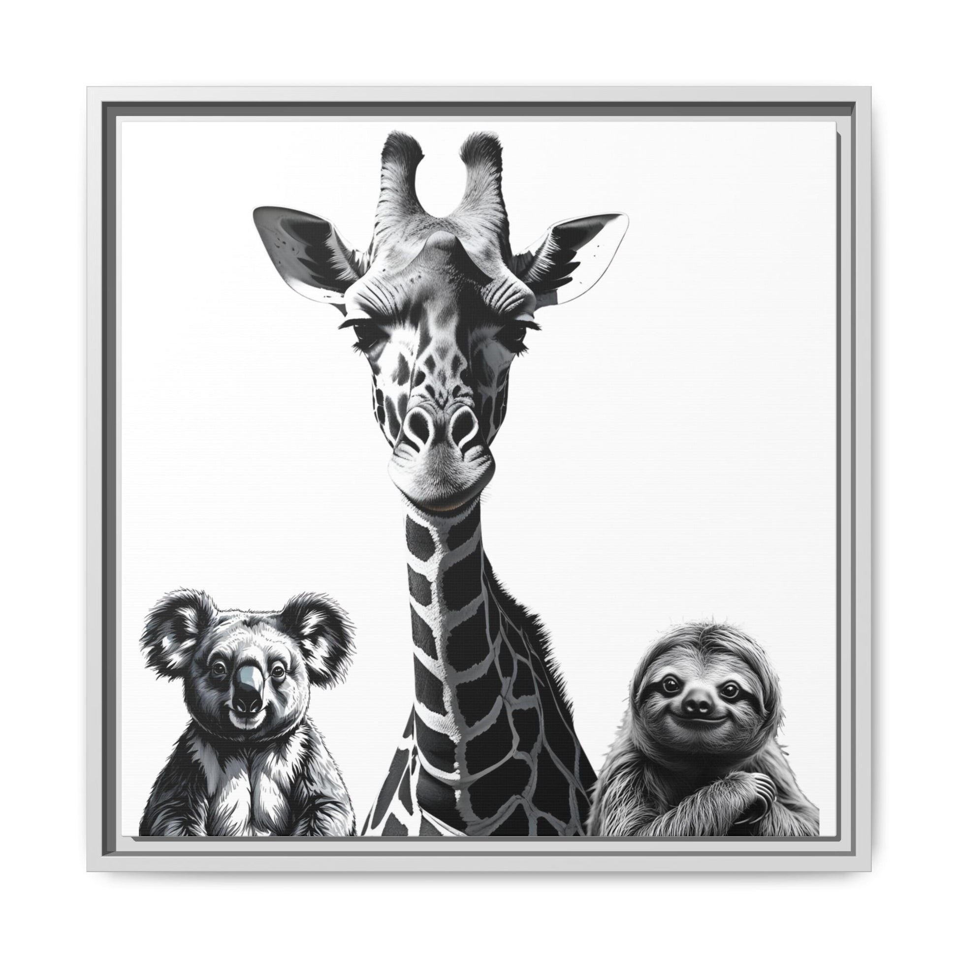 Framed artwork of a giraffe, koala, and sloth together.