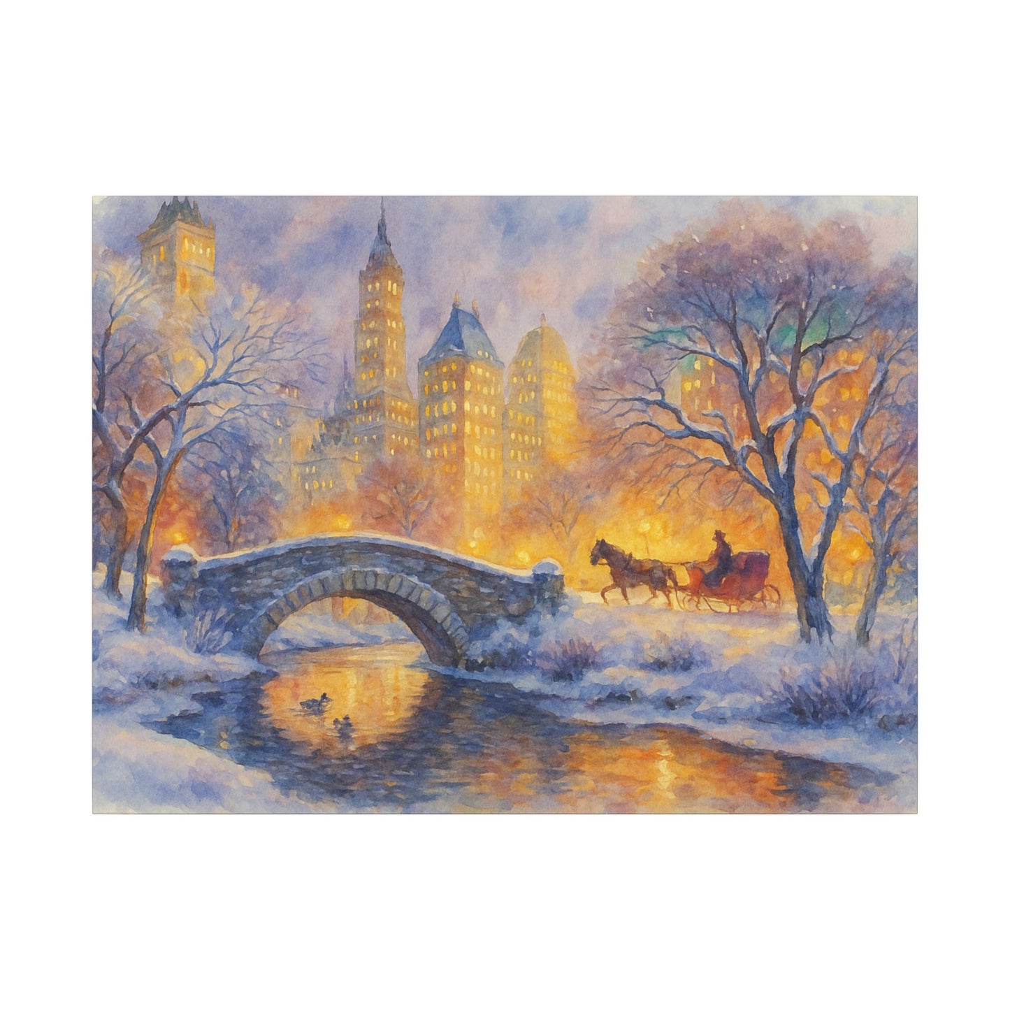 Winter scene with a stone bridge, snow-covered trees, and a horse-drawn carriage in a cityscape.