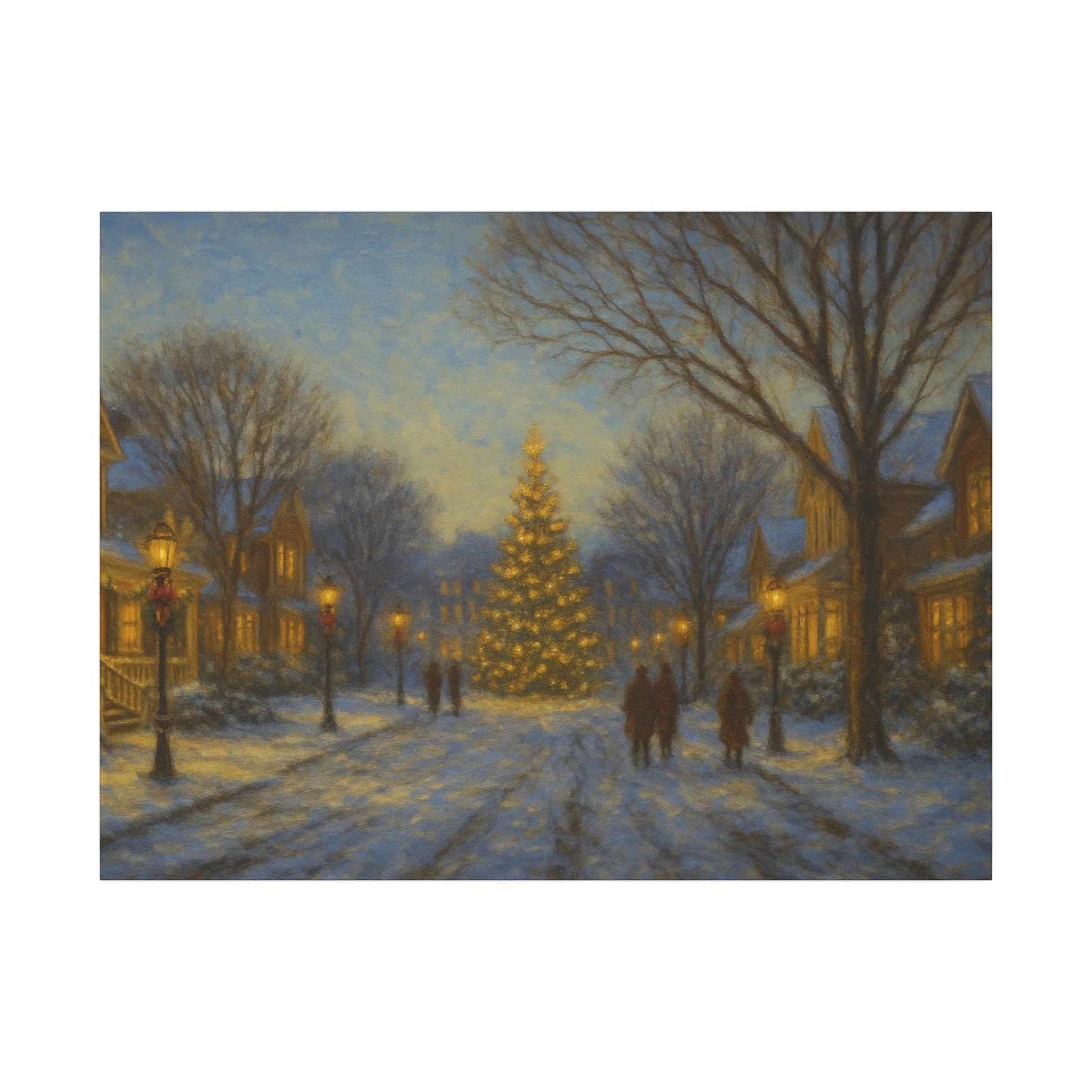 Winter scene with a decorated Christmas tree in a snowy village street.