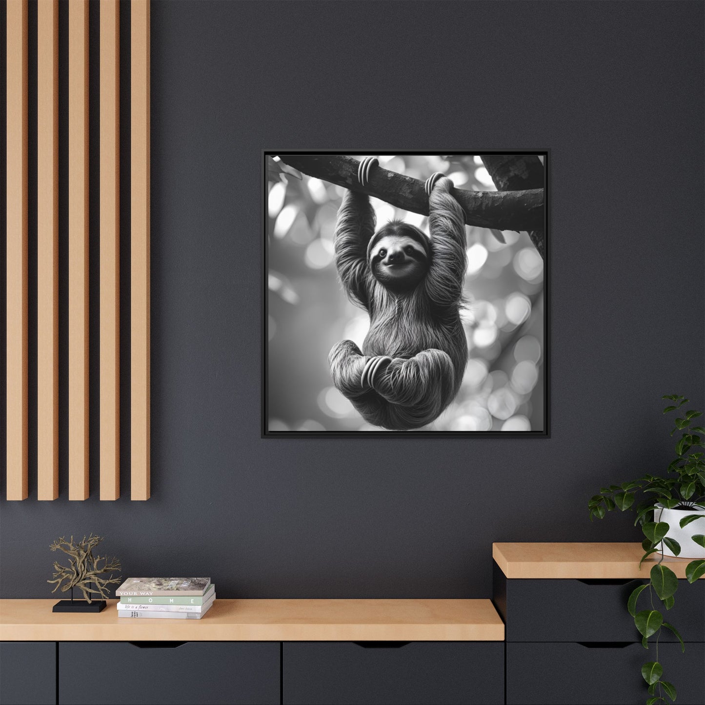 Black and White Sloth Framed Canvas Wall Art, Minimalist Animal Print, Modern Jungle Wildlife Home Decor, Sloth Lover Gift, Monochrome Image