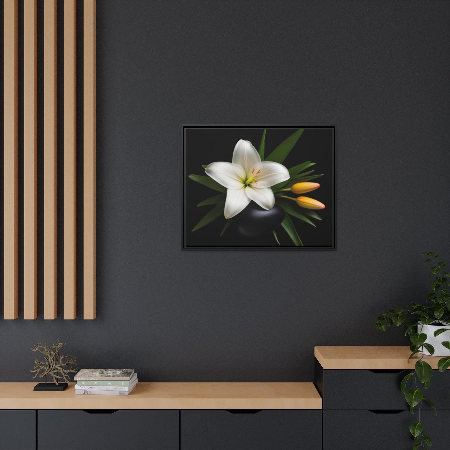 White Lily Wall Art Canvas Print Framed | Elegant Floral Wall Decor for Bedroom, Living Room, Bathroom
