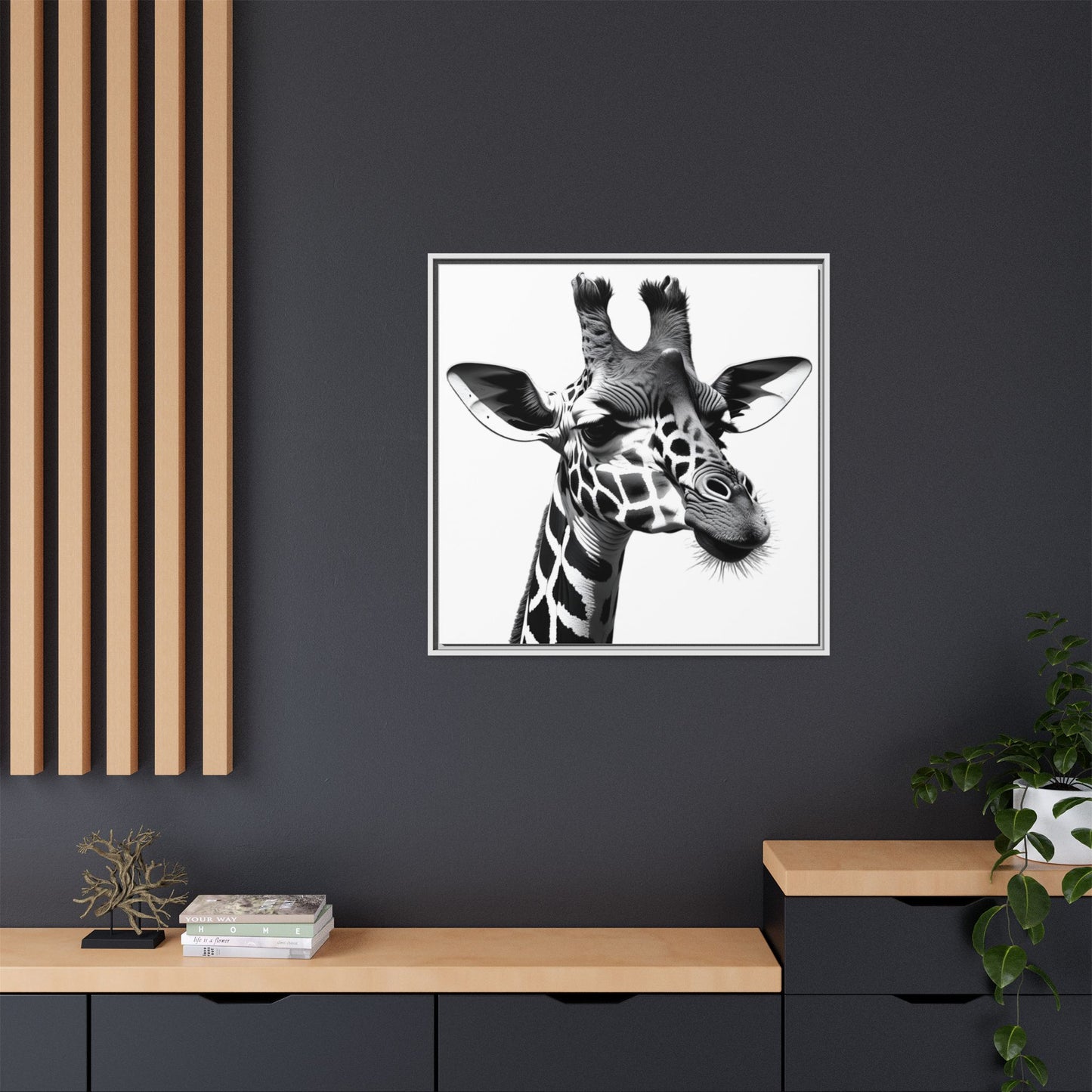 Black and White Giraffe Wall Art – Framed Safari Animal Canvas Print