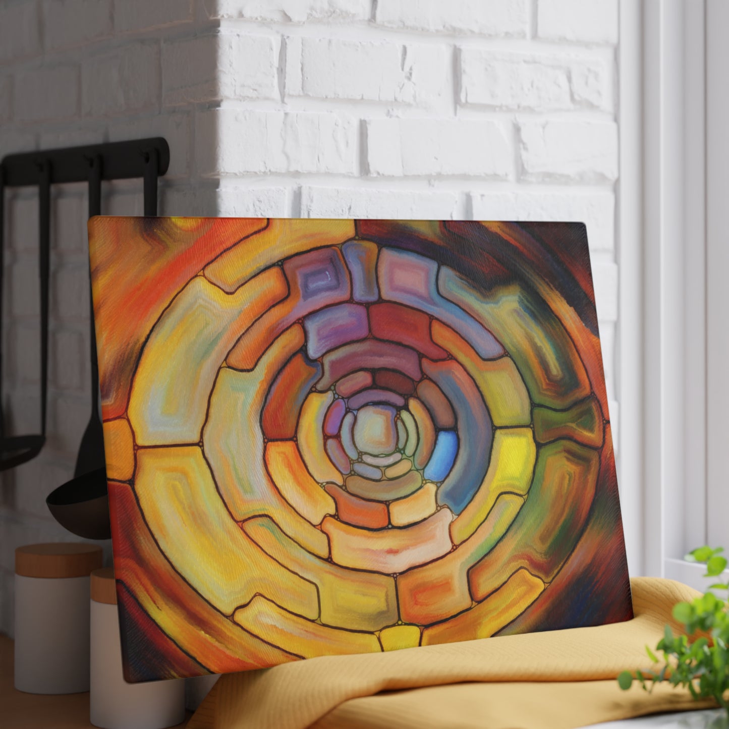 Abstract Spiral Glass Cutting Board | Colorful Circular Mosaic Art