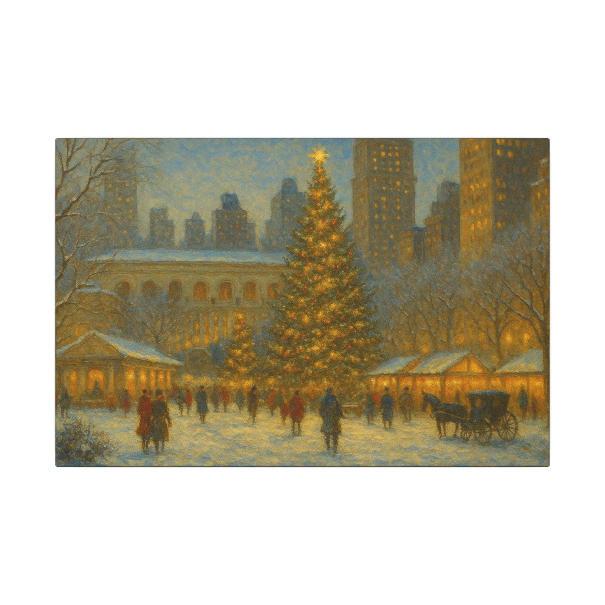 Winter scene with a decorated Christmas tree in an urban park, people walking around, and a horse-drawn carriage.
