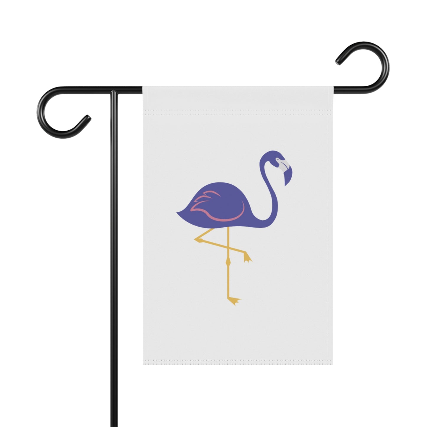Garden flag with a blue flamingo design on a white background, attached to a black flagpole.