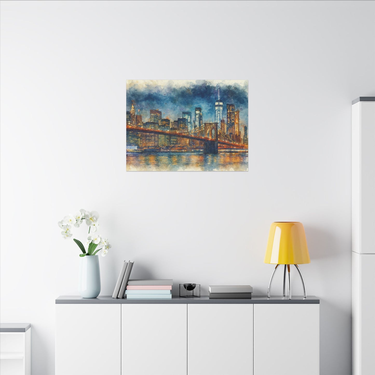 NYC Skyline Watercolor Art Print, Brooklyn Bridge Night Painting, New York City Wall Decor, Skyline Canvas Print, Urban Landscape