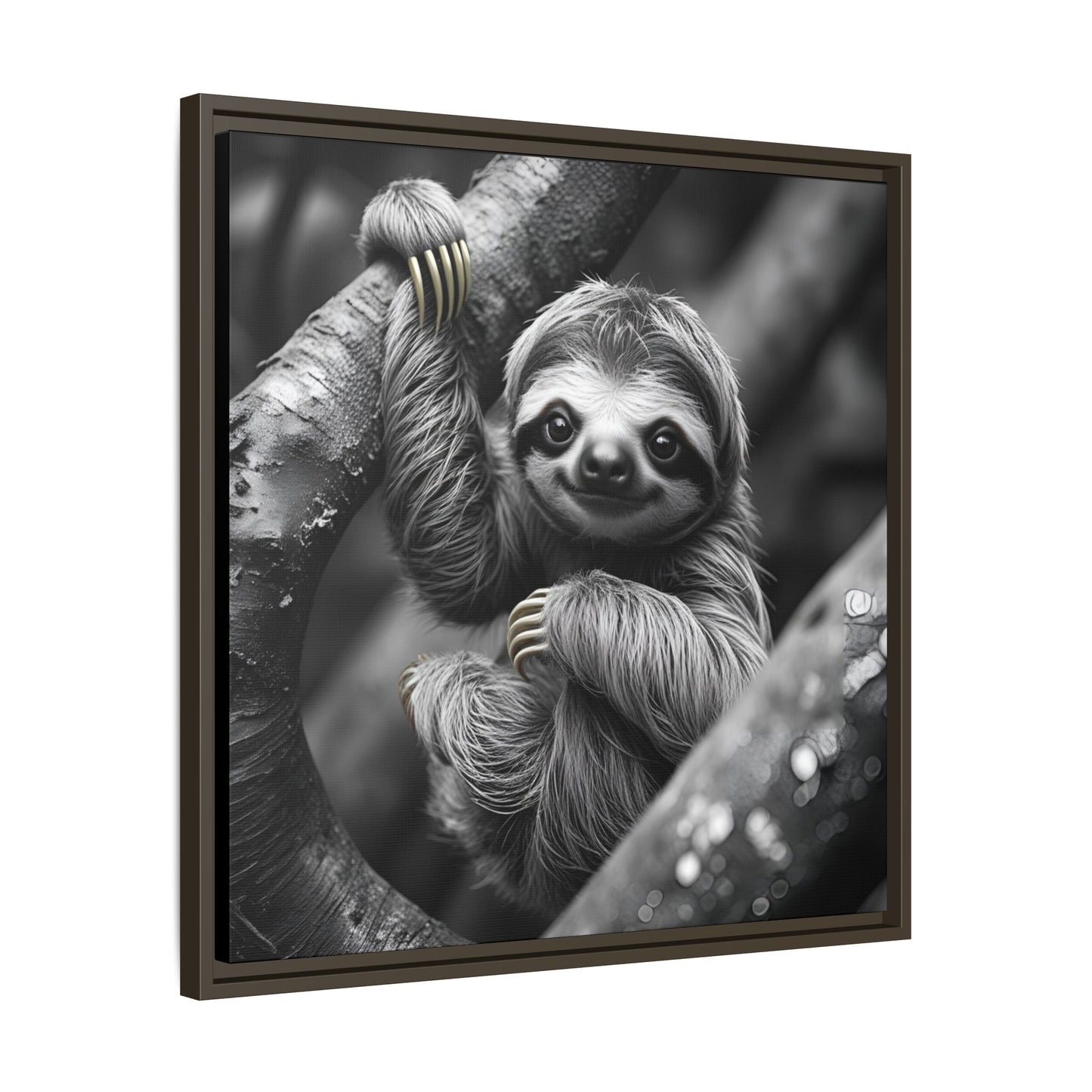 Smiling Sloth Hanging on Tree Branch Wall Art on Framed Canvas, Sloth Lover Gift, Nursery Decor, Wildlife Artwork