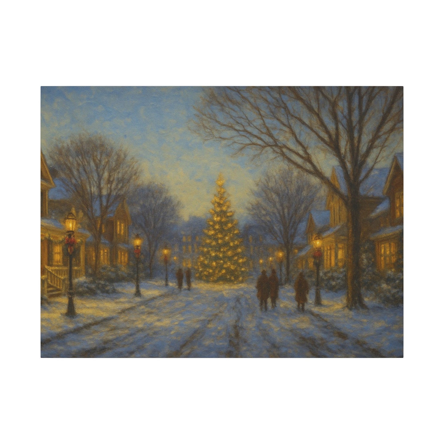 Winter village scene with a decorated Christmas tree and people walking on a snowy street.