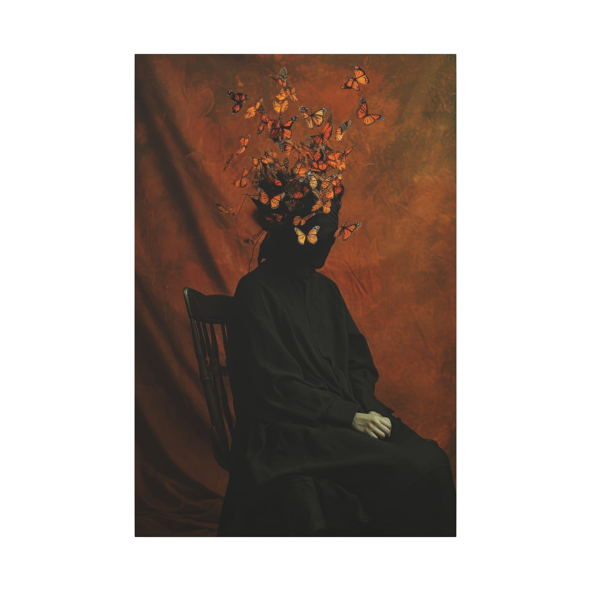 Silhouette of a person with butterflies around their head against a brown curtain background
