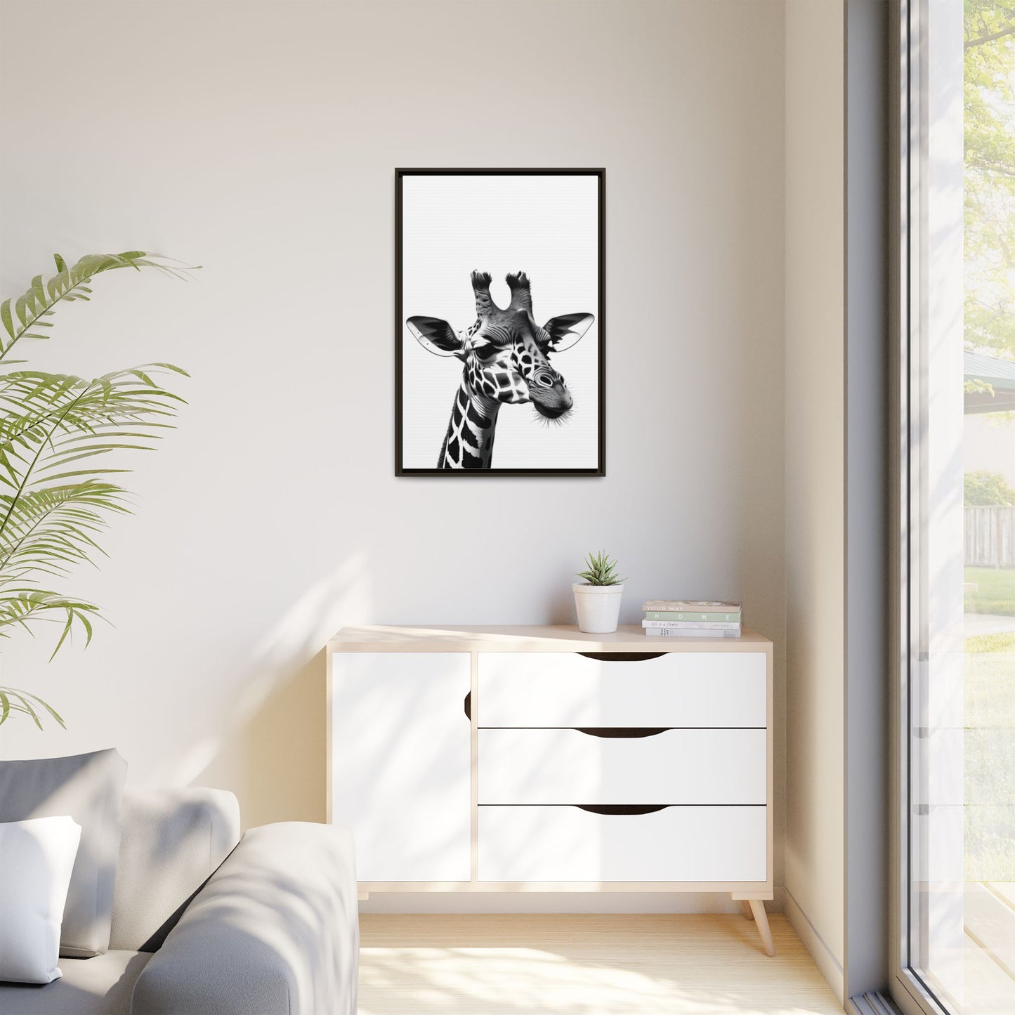 Black and White Giraffe Wall Art – Framed Safari Animal Canvas Print