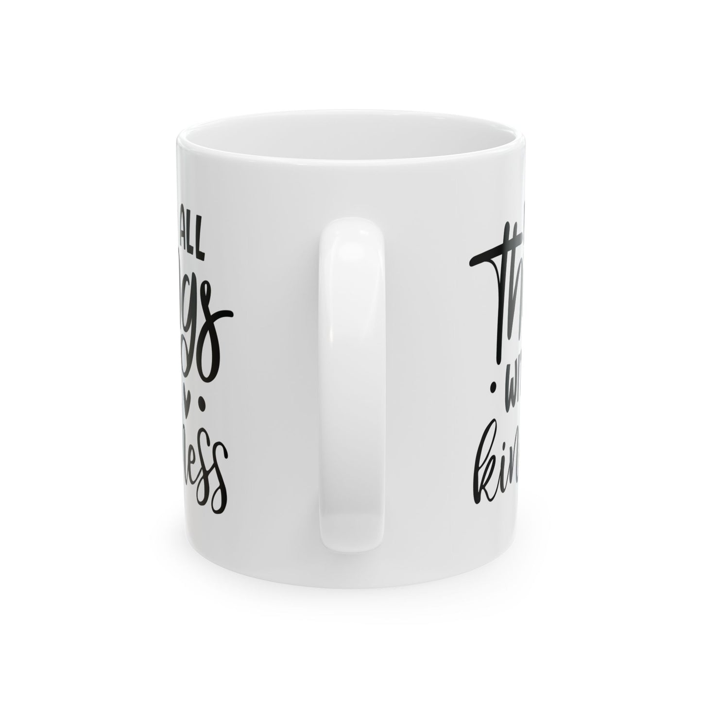 White mug with black text on a white background