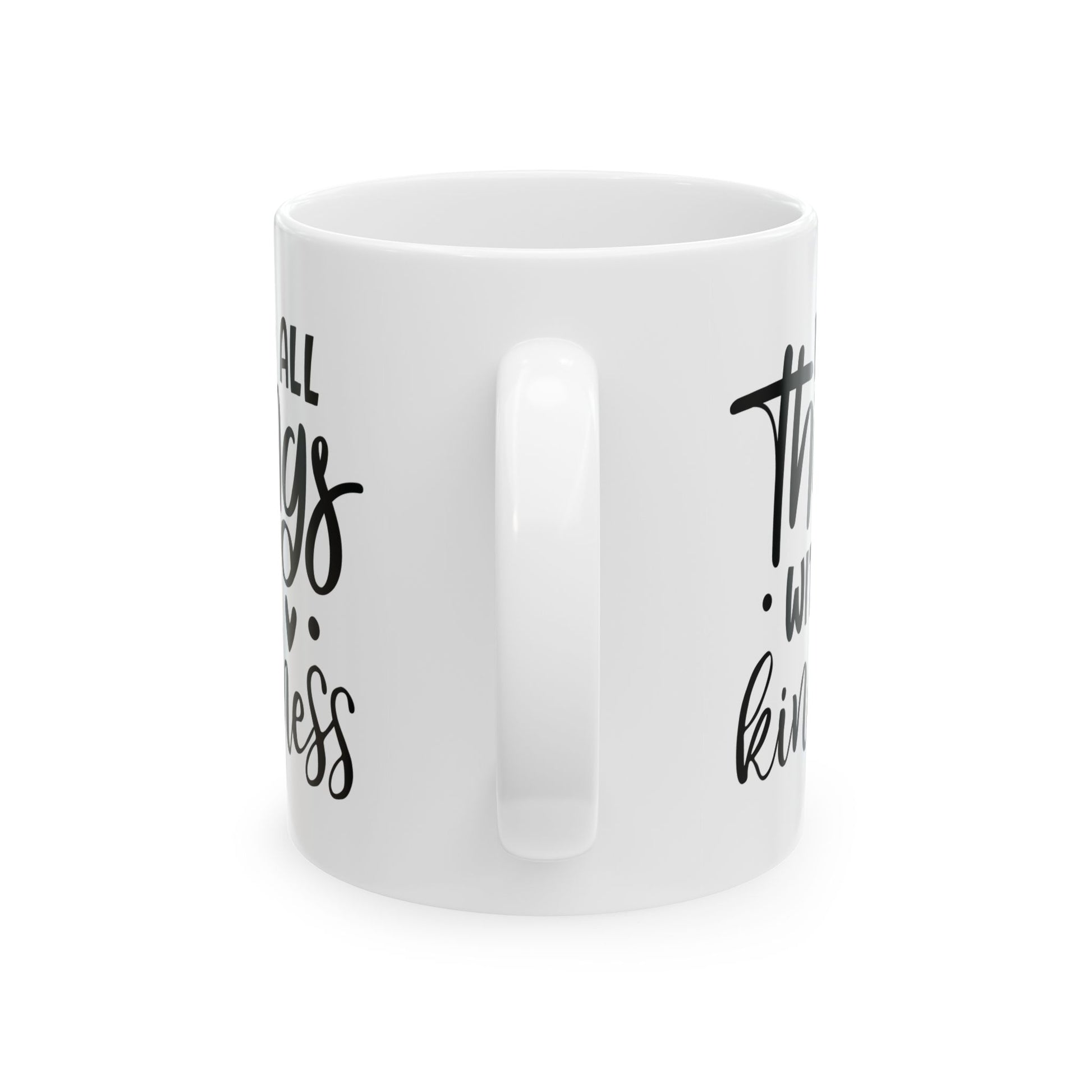 White mug with black text on a white background