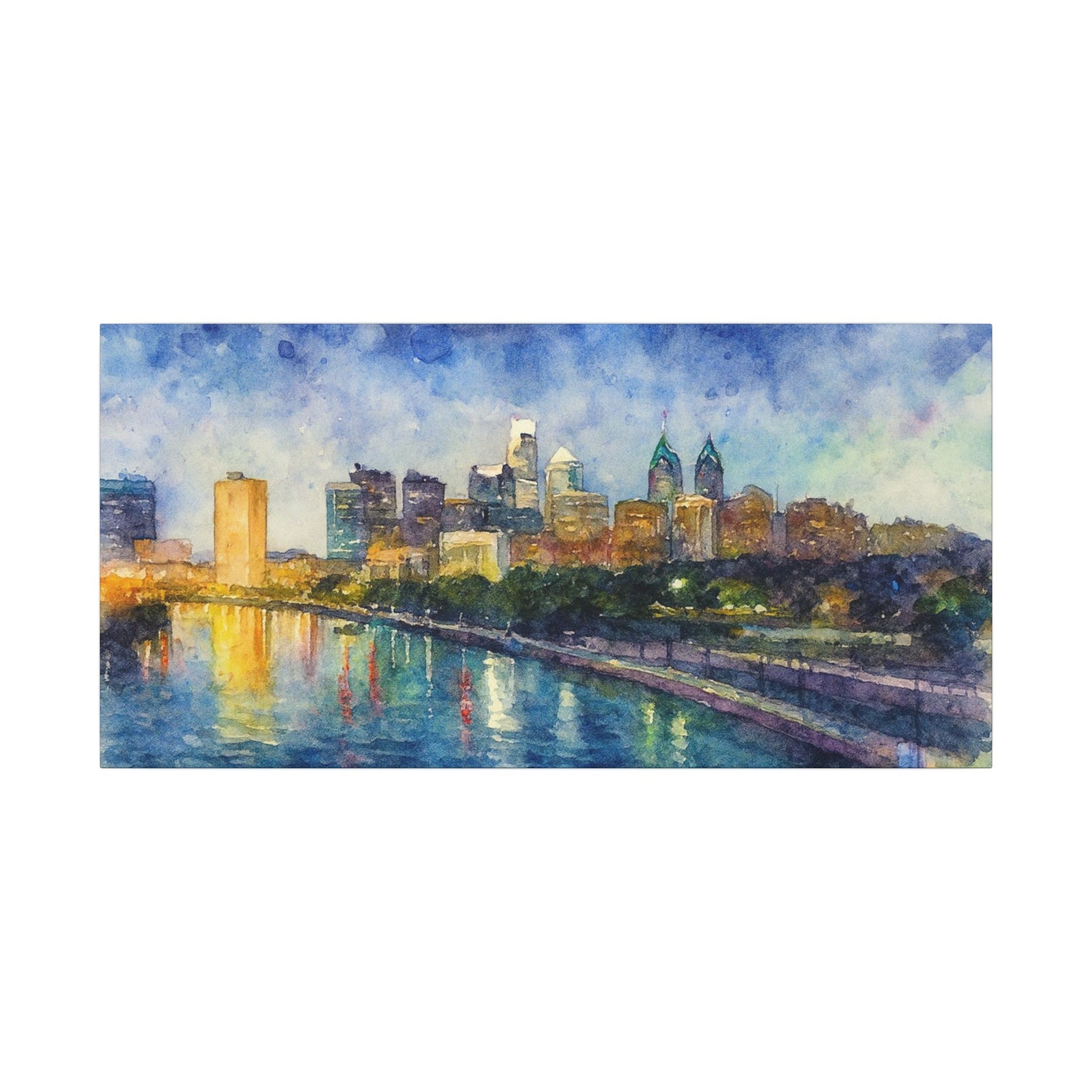 Painting of a city skyline reflected in water with a colorful sky.