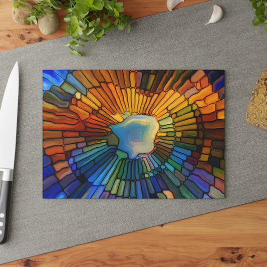 Colorful stained glass design on a gray surface with a knife and plant in the background.