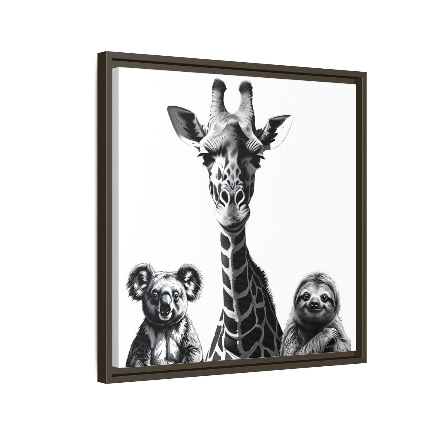 Framed artwork with a giraffe, koala, and sloth on a white background