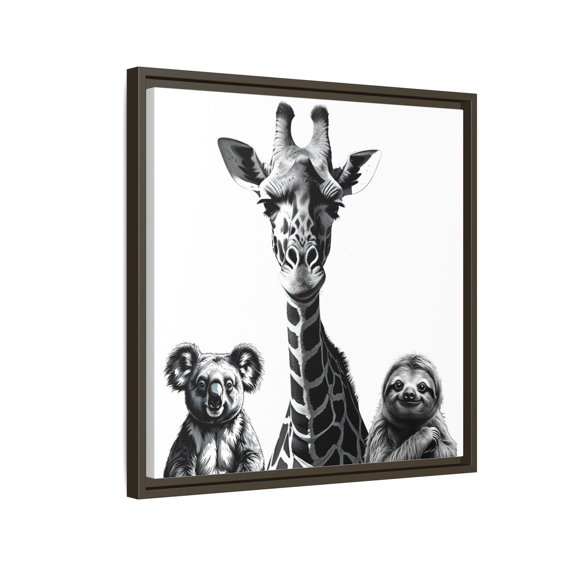 Framed artwork with a giraffe, koala, and sloth on a white background