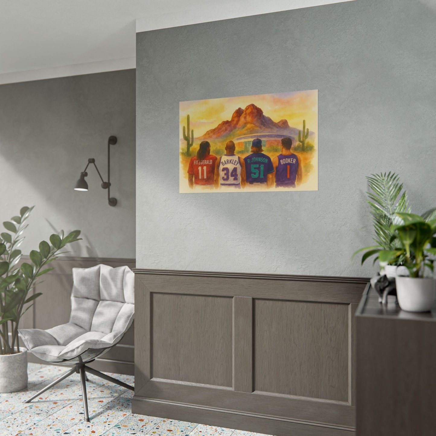 Living room with a wall art of four people in sports jerseys on a gray wall.