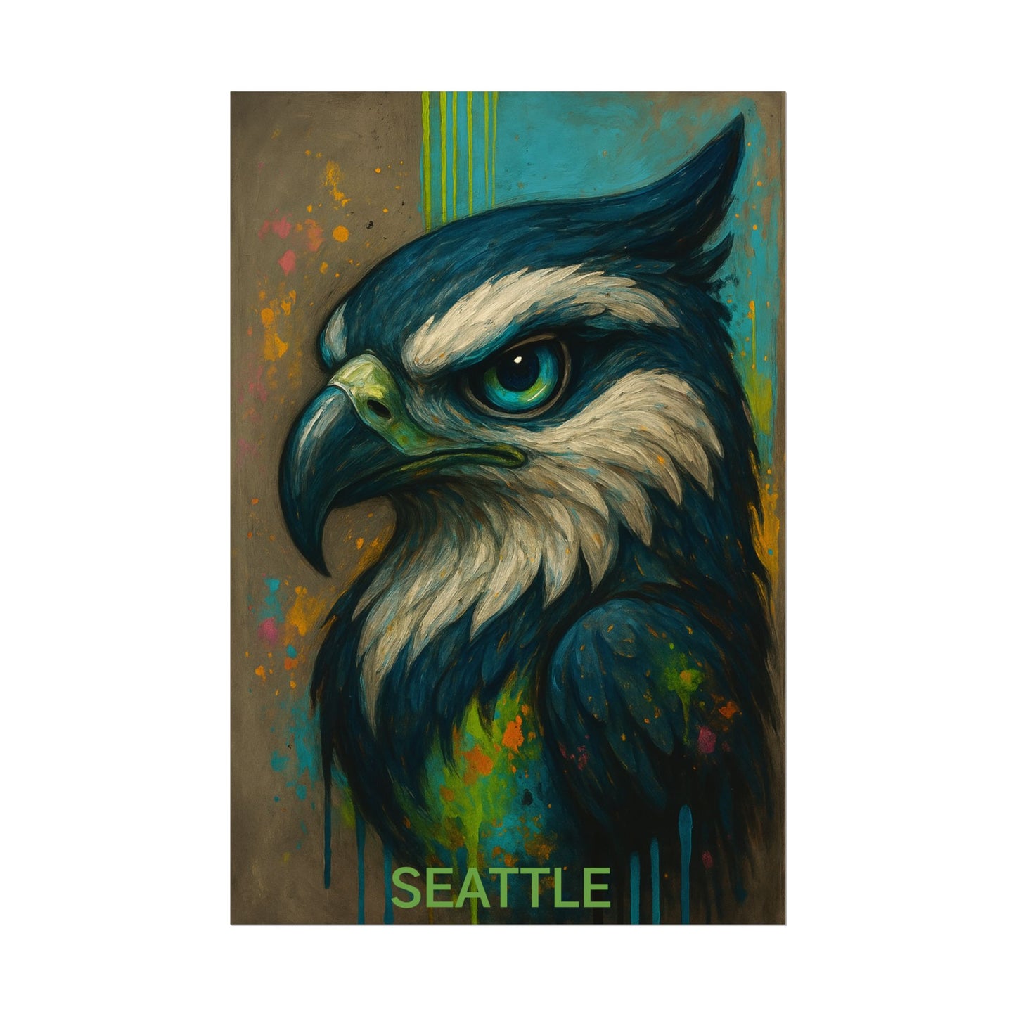 Artistic depiction of an hawk with 'Seattle' text on a colorful background