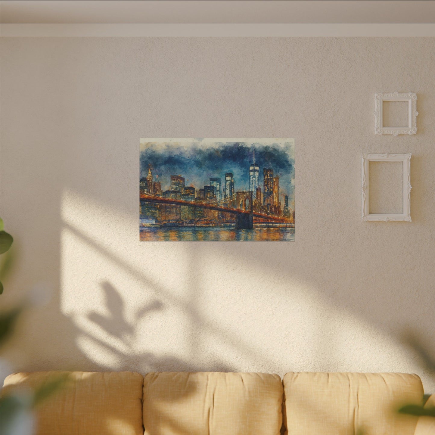 NYC Skyline Watercolor Art Print, Brooklyn Bridge Night Painting, New York City Wall Decor, Skyline Canvas Print, Urban Landscape