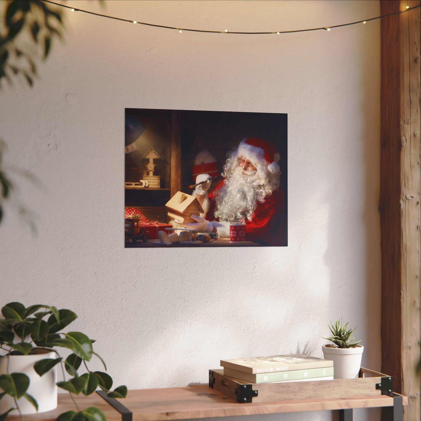 Santa's Workshop Poster, Christmas Wall Art of Santa Making Toys, Vintage Holiday Print, Santa Claus in Toy Shop, Festive Christmas Poster