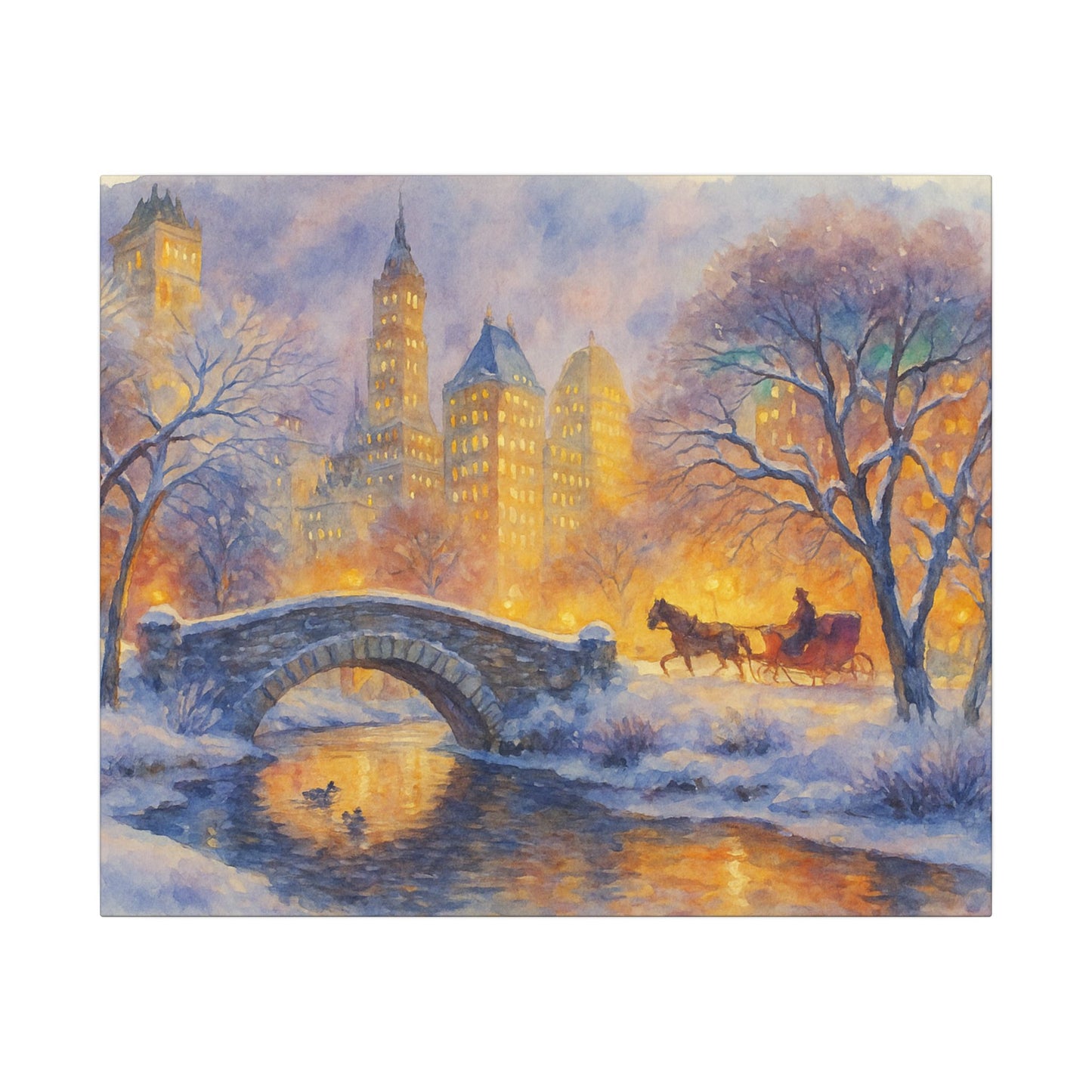 Winter scene with a horse-drawn carriage crossing a bridge over a snowy river, illuminated by city lights.