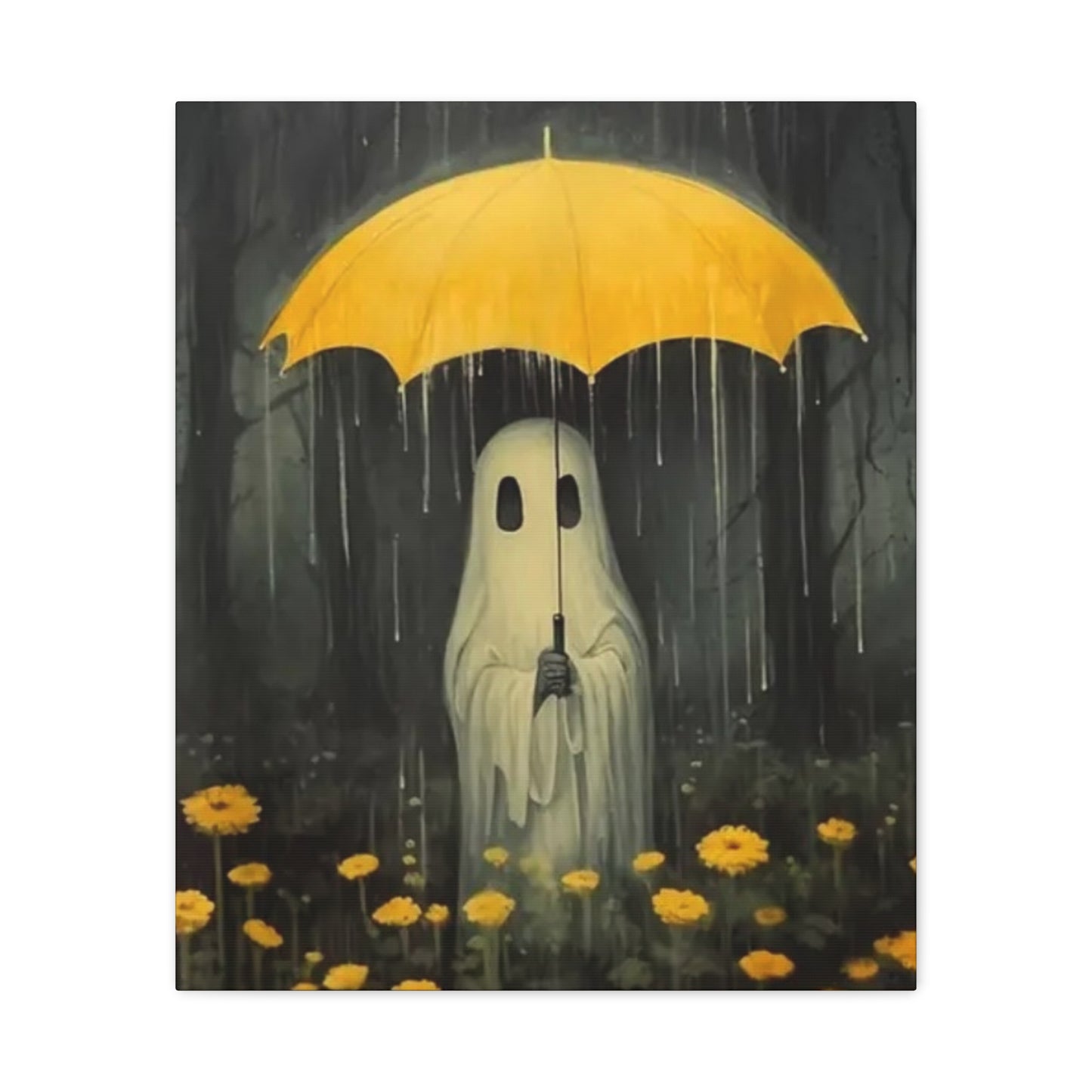 Ghost holding a yellow umbrella in a rain-soaked forest with yellow flowers.