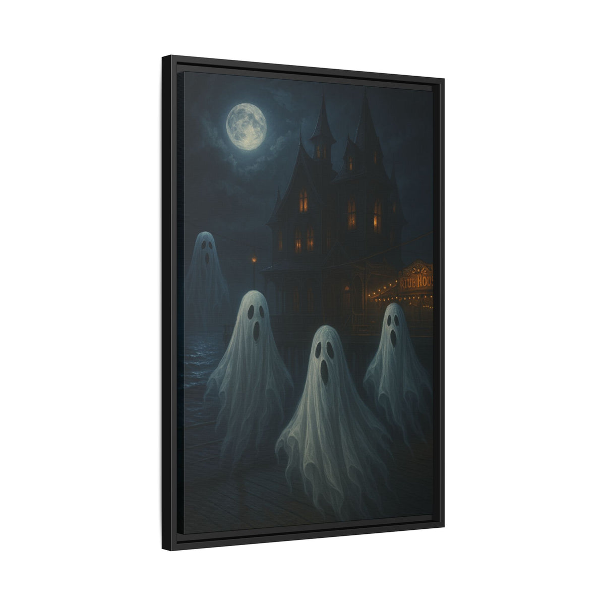 Haunted House Ghost Canvas Wall Art – Spooky Halloween Framed Art, Vintage Horror Decor, Gothic Night Scene Print