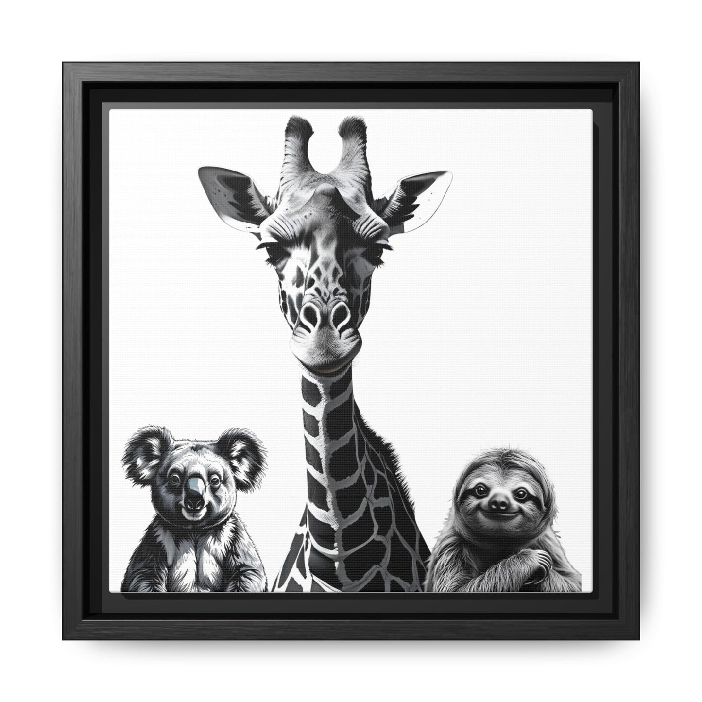 Framed artwork of a giraffe, koala, and sloth in black and white.