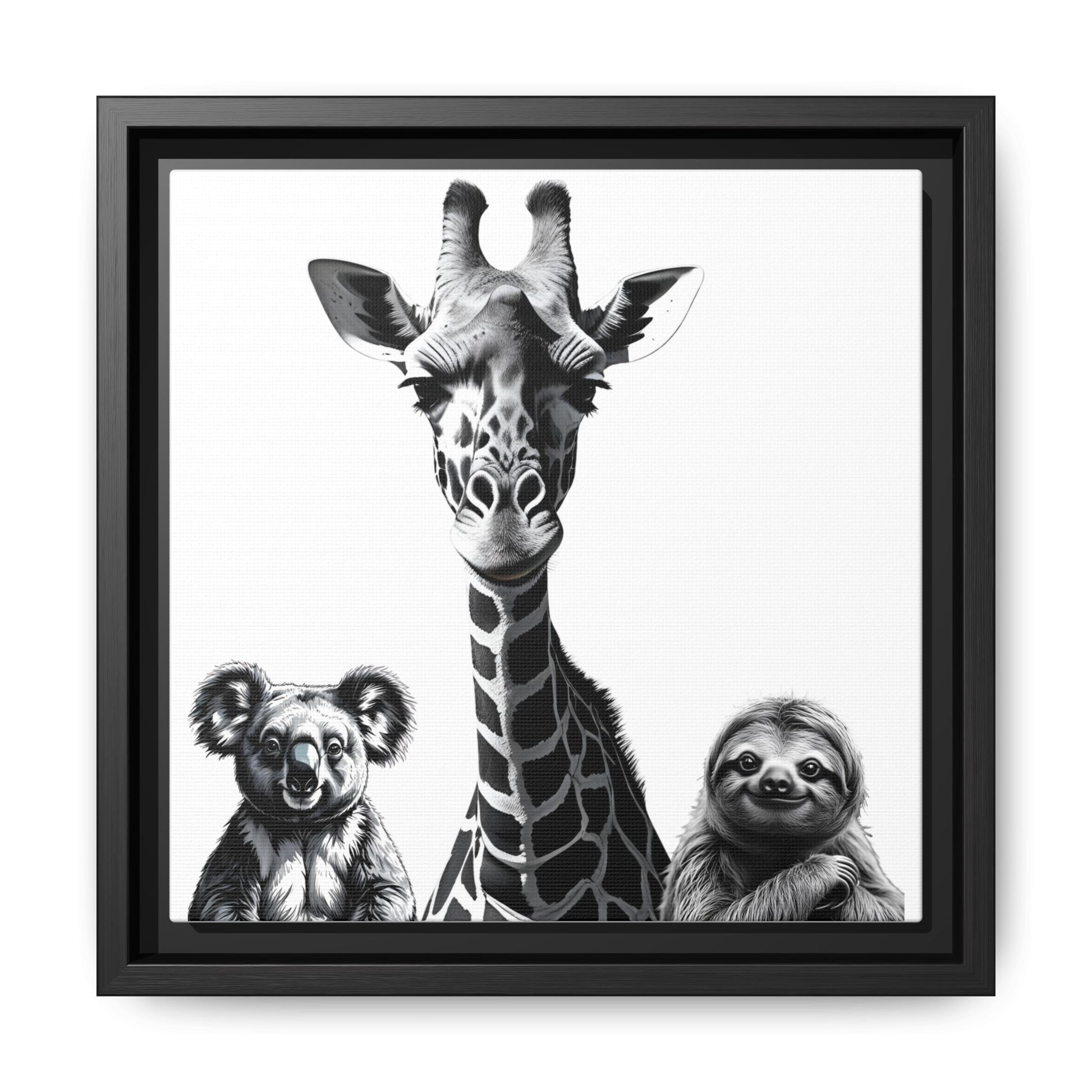 Framed artwork of a giraffe, koala, and sloth in black and white.