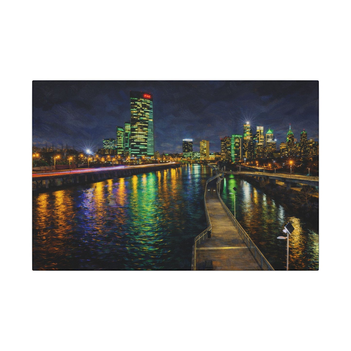 City skyline at night with illuminated buildings reflected in water, featuring a dock.