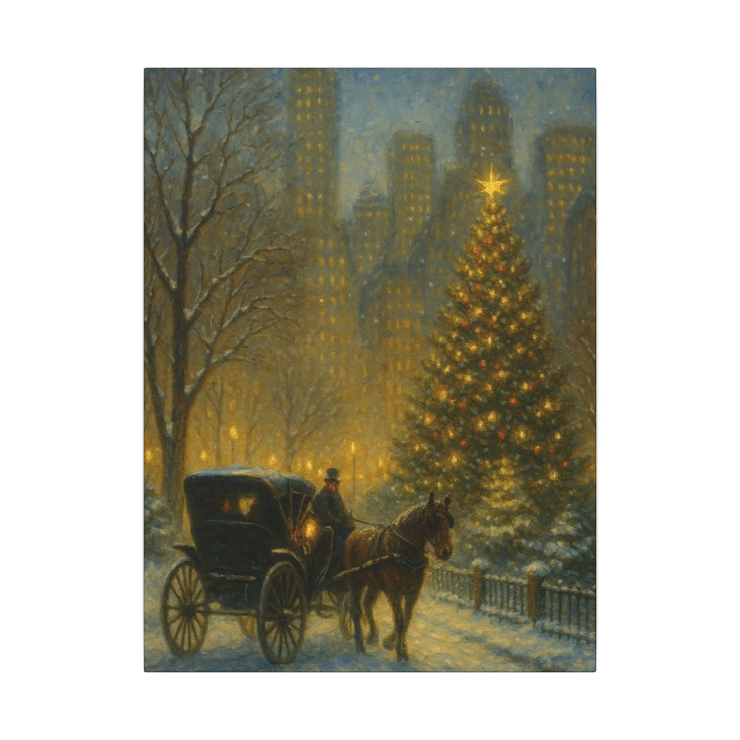 Horse-drawn carriage in a snowy city street with a large Christmas tree and tall buildings in the background.