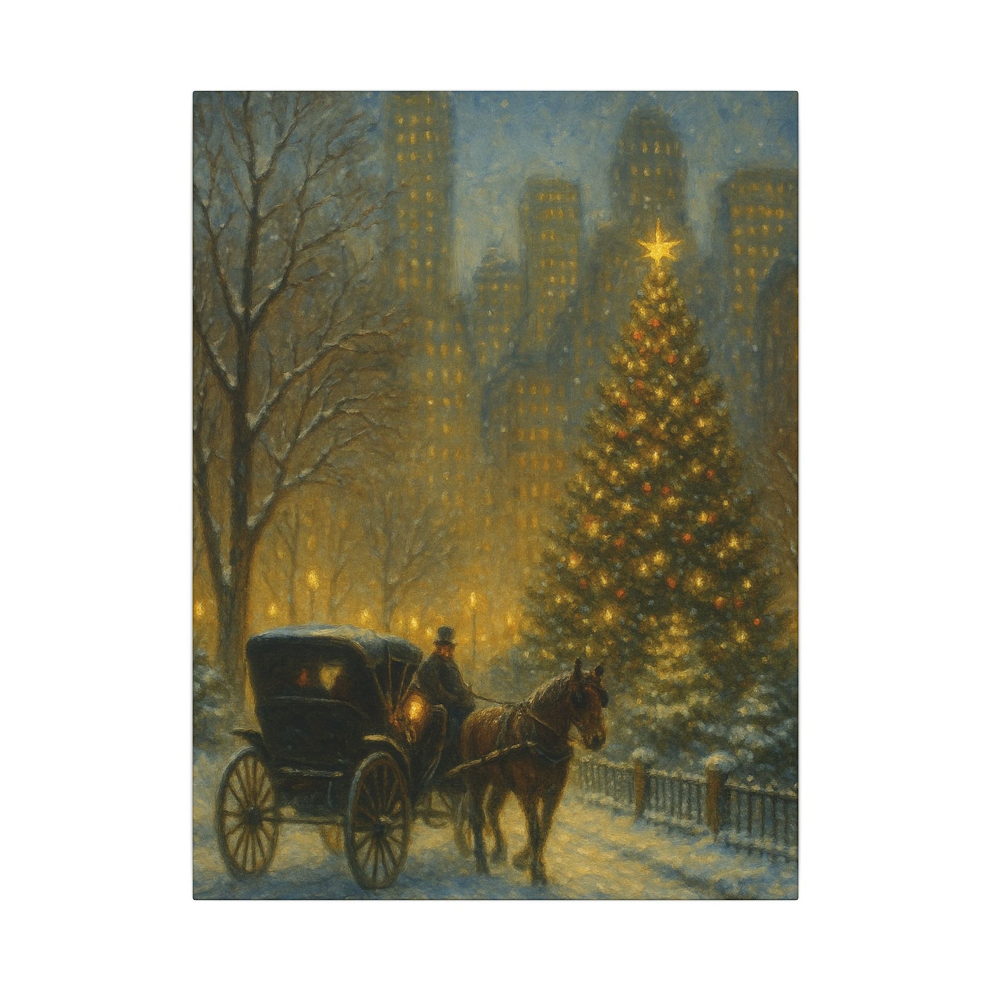 Horse-drawn carriage in a snowy city street with a large Christmas tree and tall buildings in the background.