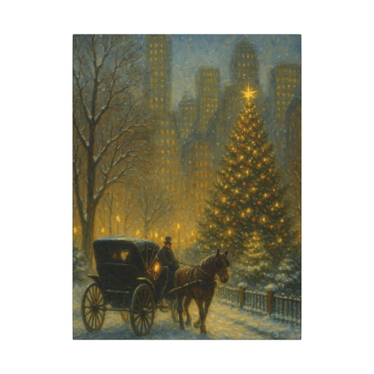 Christmas Tree, Horse Carriage Christmas Canvas Print, Vintage Snowy City Winter Scene