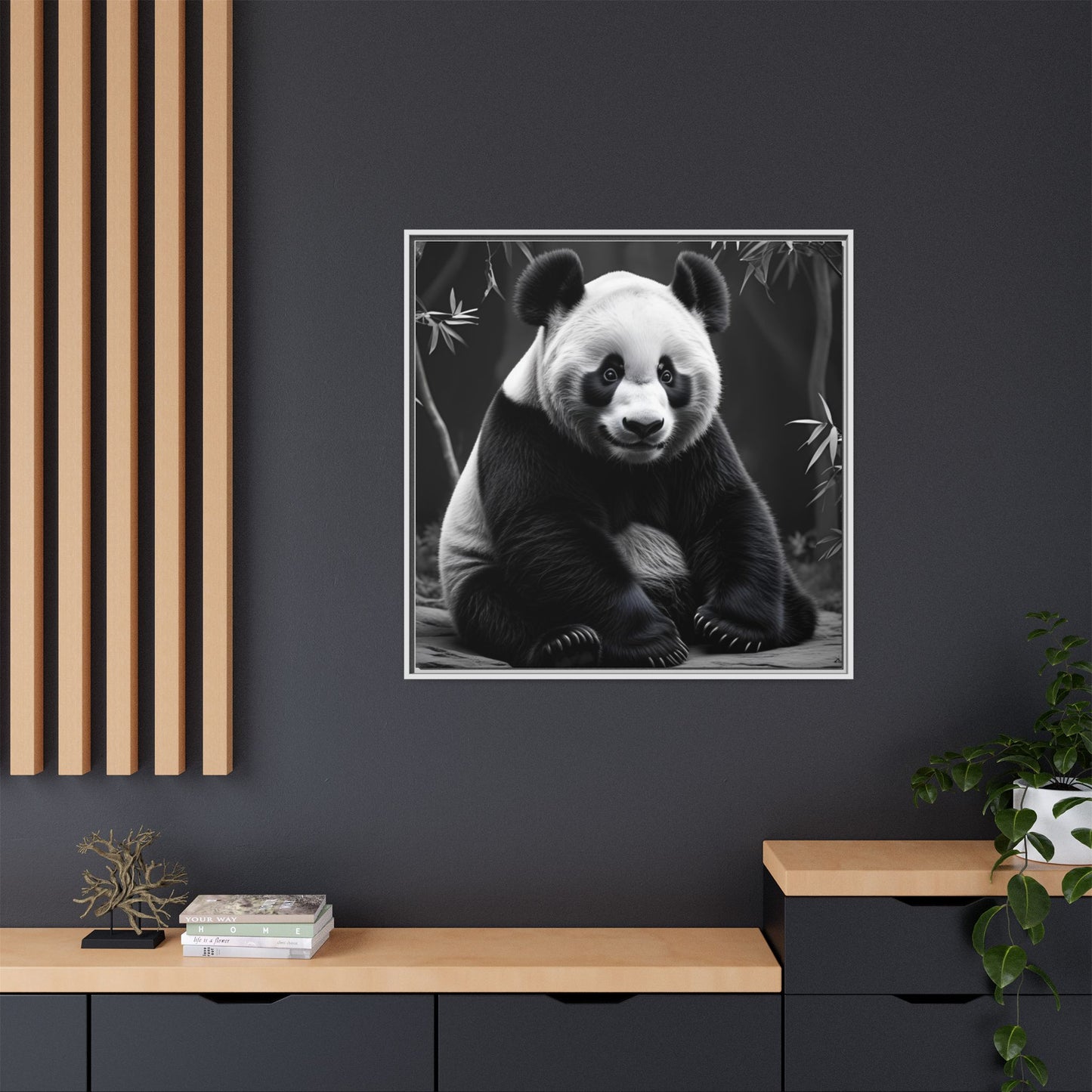 Framed picture of a panda on a dark wall with wooden shelves and decor.