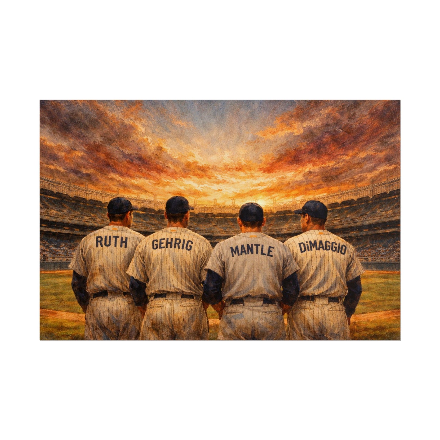New York sports legends in vintage uniforms facing a sunset at a stadium.