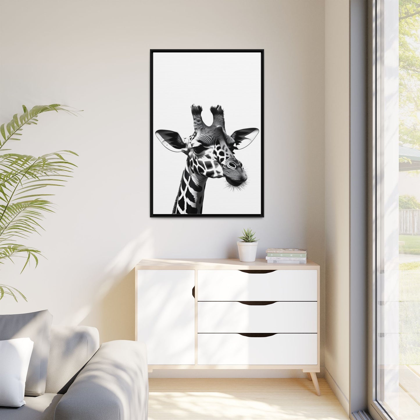 Black and White Giraffe Wall Art – Framed Safari Animal Canvas Print