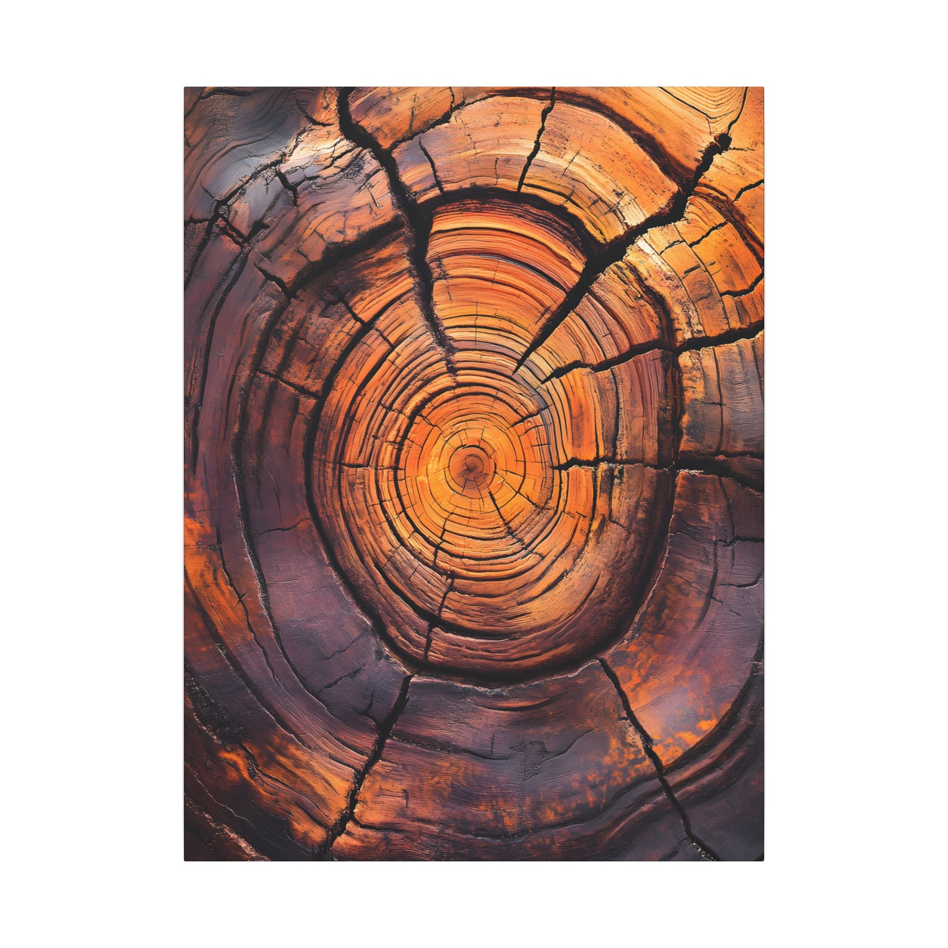 Close-up of a tree stump with concentric rings showing wood grain and cracks.