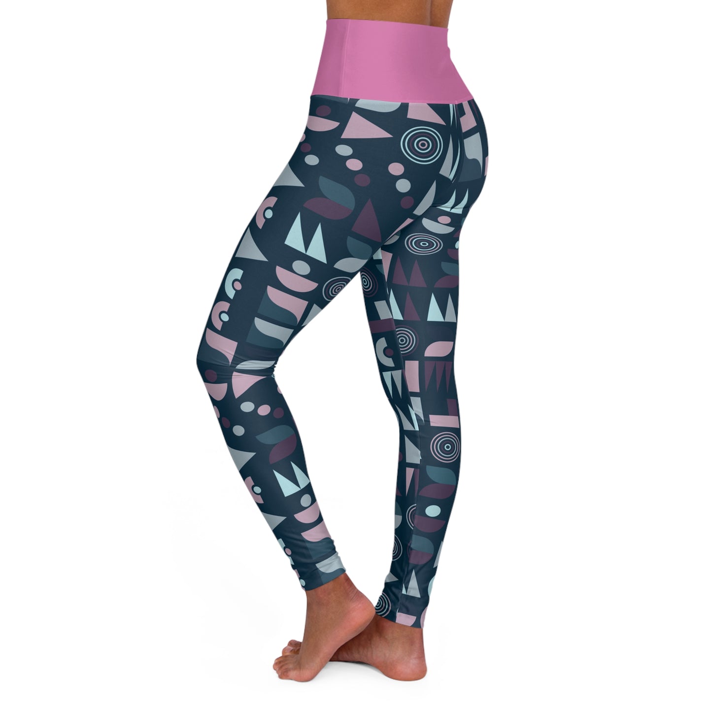 Women’s High-Waisted Yoga Pants – Pink Waistband Blue Abstract Geometric Leggings